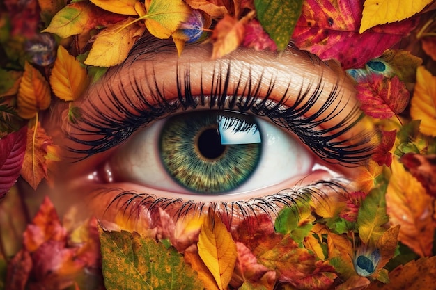 Das Auge einer Frau ist mit Blättern bedeckt und das Wort Herbst steht oben auf ihrem Gesicht.