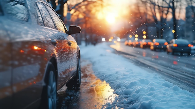 Das Auto bewegt sich in den Strahlen der gelben Sonne auf einer feuchten Straße in der Stadt