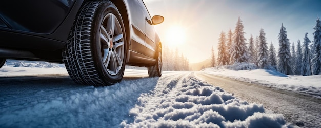 Das Auto fährt auf einer verschneiten Straße, wobei die Sonne im Hintergrund hell leuchtet