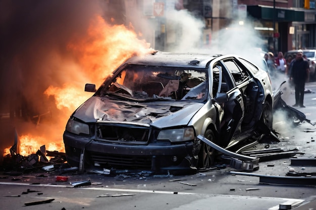 Das Auto wird bei einem Unfall auf der Straße beschädigt. Kaputtes Auto nach einer Kollision. Schwerer Autounfall. Verkehrsunfall