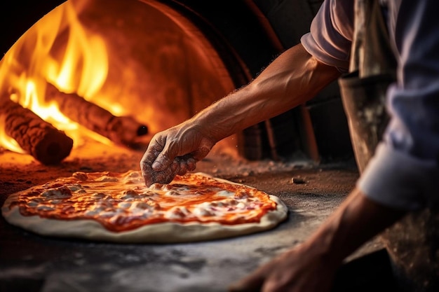 Das Backen von Pizza in einem traditionellen Lehmofen