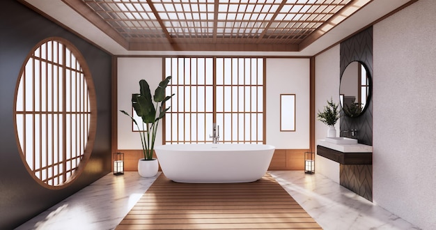 Das Bad auf leerem Raum im japanischen Stil. 3D-Rendering