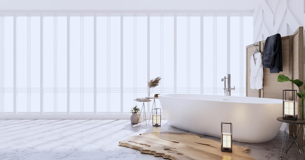 Das Bad im leeren Raum im japanischen Stil. 3D-Rendering