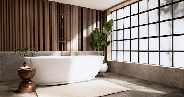 Das Bad und die Toilette im Badezimmer im japanischen Wabi-Sabi-Stil 3D-Rendering