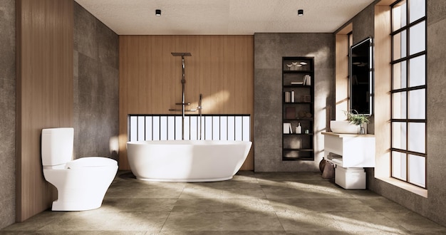 Das Bad und die Toilette im Badezimmer im japanischen Wabi-Sabi-Stil 3D-Rendering