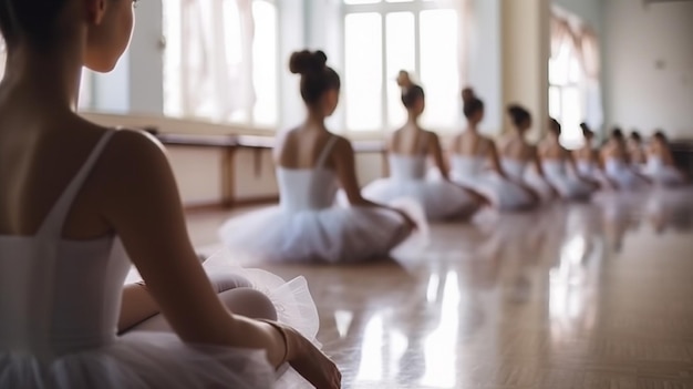 Das Ballettkonzept Junge Ballerina-Mädchen entspannen sich auf dem Boden sitzend Frauen im Reh Generative KI