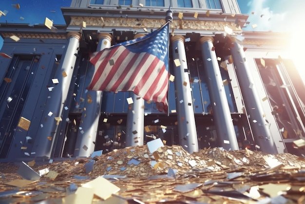 Das Bankgebäude ist eingestürzt. Bankkonkurs. Zerstört das Finanzinstitut. Bankenkrise. Die amerikanische Flagge ist unten. Geldverlust von Bankeinlegern nach dem Bankrott. 3D-Bild