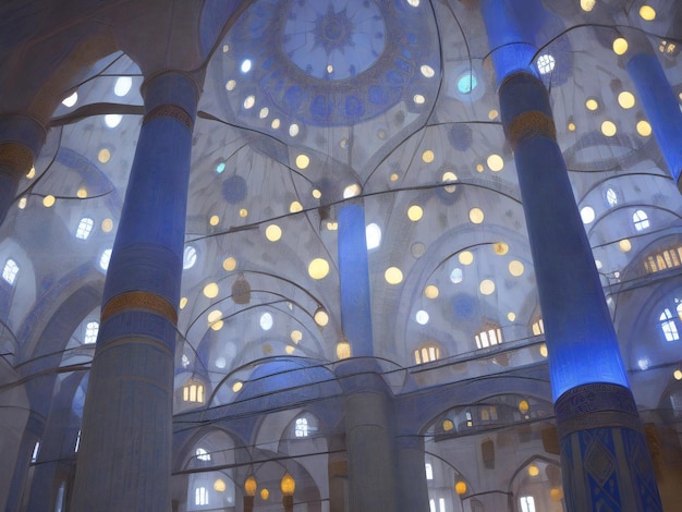 Das beleuchtete Minarett symbolisiert die Spiritualität in der berühmten Blauen Moschee