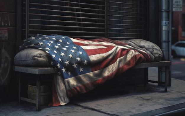 Das Bett eines Obdachlosen auf einer Stadtstraße, bedeckt mit einer amerikanischen Flagge