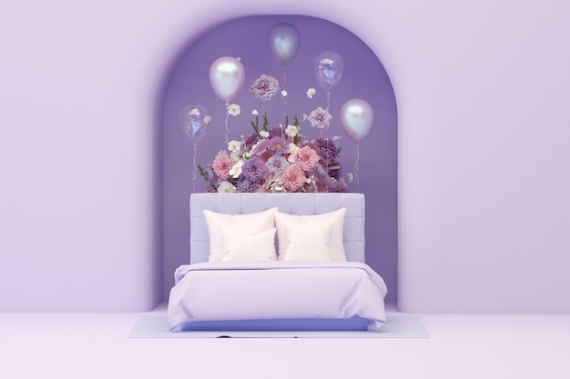 Das Bett mit fallendem buntem Blumenballon auf pastellviolettem und rosafarbenem Hintergrund Werbung