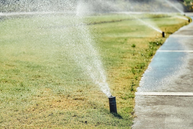 Das Bewässerungssystem sprüht Wasser auf den grünen Rasen auf dem Territorium des Hotels aus der Nähe