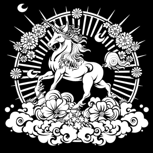 Das bezaubernde Kirin-Dynastie-Crest-Logo mit einem Kirin, der auf einem kreativen Logo-Design-Tattoo-Umriss steht