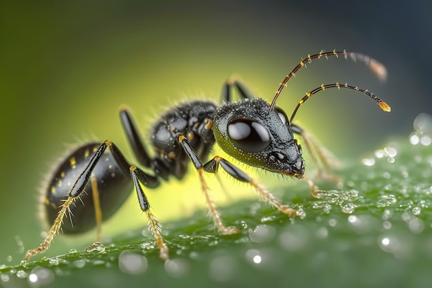 Das Bild einer schwarzen Ameise auf grünem Blatthintergrund Generative KI