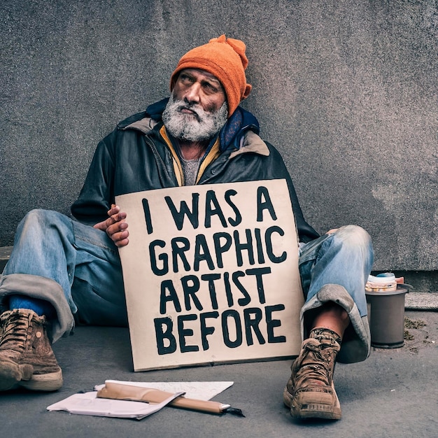 Das Bild eines armen Obdachlosen, der auf dem Boden liegt, hält ein Schild in der Hand, auf dem steht, dass ich vor der künstlichen Intelligenz Grafiker war