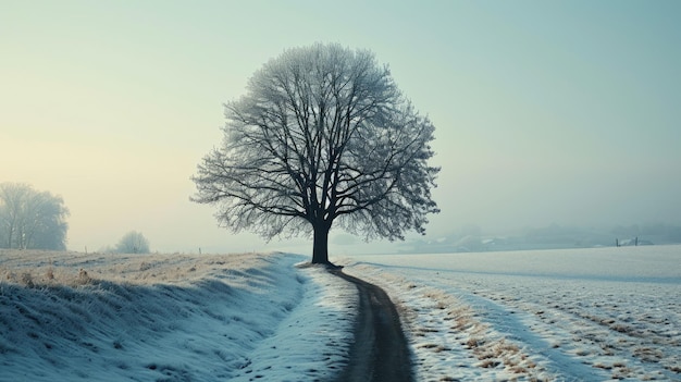 Das Bild eines einzigen Baumes, der in der Wintersaison mit Schnee bedeckt ist.