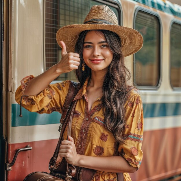 Das Bild eines schönen Mädchens in westlicher Kleidung scheint jemandem zu danken, während er ins Ausland reist