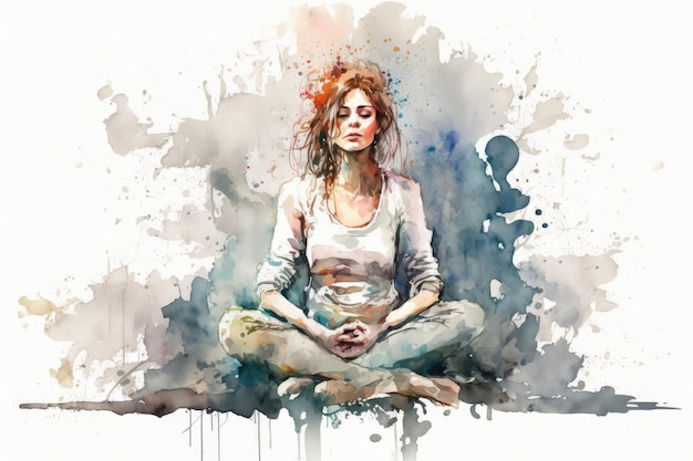 Foto das bild im aquarellstil zeigt eine ruhige junge frau in einer meditationspose, umgeben von naturinspirierten elementen mit sanften farben und pinselstrichen generative ki