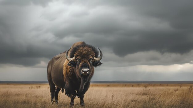 Das Bild ist ein Foto eines Bison, der auf einem Feld mit hohem Gras steht. Der Bison schaut mit einem entschlossenen Ausdruck in die Kamera.