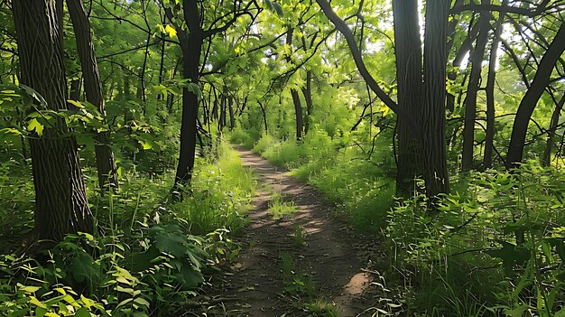 Das Bild ist ein Foto eines Schotterpfades in einem Wald, der von hohen Bäumen und üppiger grüner Vegetation umgeben ist.