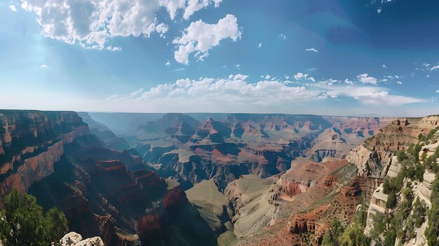 Das Bild ist ein Panoramablick auf den Grand Canyon. Der Himmel ist blau und es gibt einige Wolken.