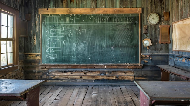 Das Bild ist ein Vintage-Klassenzimmer mit einer alten Tafel, Holzschreibtischen und einer Uhr an der Wand