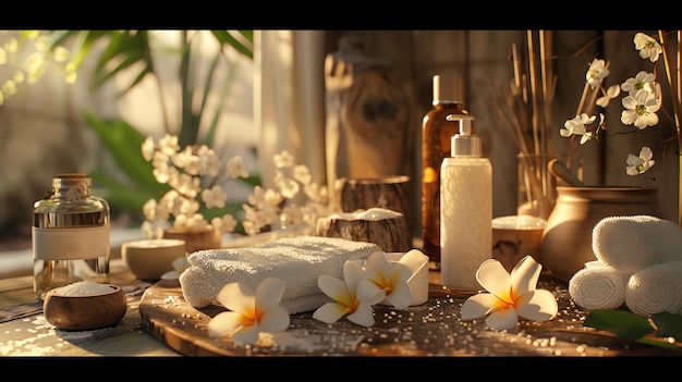 Das Bild ist ein wunderschönes Spa-Stillleben. Es zeigt einen Holztisch mit einem weißen Handtuch, eine Flasche Öl, eine Schüssel Salz und einige Blumen.