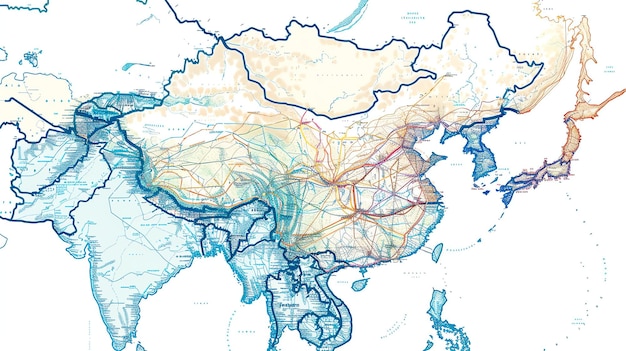 Foto das bild ist eine karte asiens mit schwerpunkt auf den großstädten und wasserstraßen
