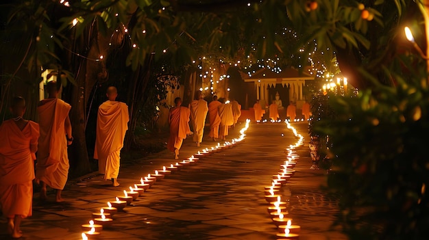 Das Bild ist eine Nachtszene eines langen, von Bäumen gesäumten Weges, der von einer Reihe von leuchtenden Laternen beleuchtet wird
