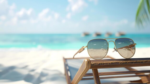 Foto das bild ist eine nahaufnahme einer paar flugzeug-sonnenbrille, die auf einem hölzernen sessel am strand ruhen