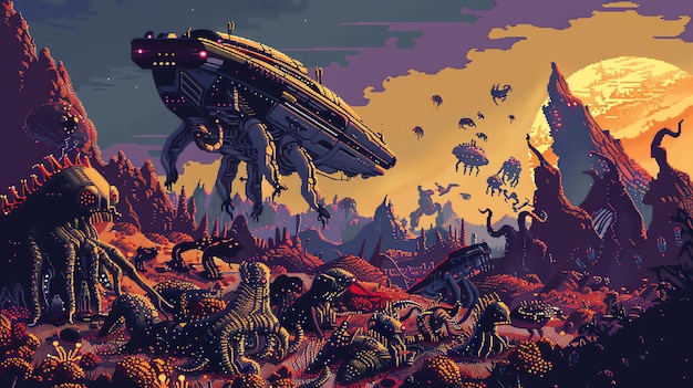 Das Bild ist eine pixelierte Landschaft eines fremden Planeten. Der Himmel ist tief violett und der Boden ist mit seltsamen farbenfrohen Pflanzen und Kreaturen bedeckt.