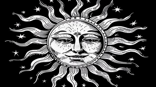 Foto das bild ist eine schwarz-weiße zeichnung einer sonne mit einem gesicht. die sonne hat einen glücklichen ausdruck und ist von sternen umgeben.