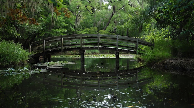 Das Bild ist eine wunderschöne Landschaft einer Brücke über einen Fluss in einem Wald. Die Brücke ist aus Holz und hat ein rustikales Aussehen.
