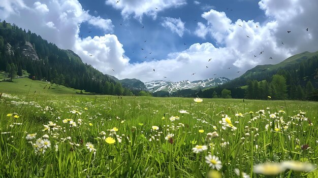 Das Bild ist eine wunderschöne Landschaft eines Bergtals mit einer Wiese im Vordergrund Der Himmel ist blau mit weißen Wolken und die Sonne scheint