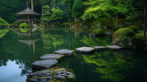 Das Bild ist eine wunderschöne Landschaft eines Zen-Gartens mit einem Teich, Treppen und einem Teehaus