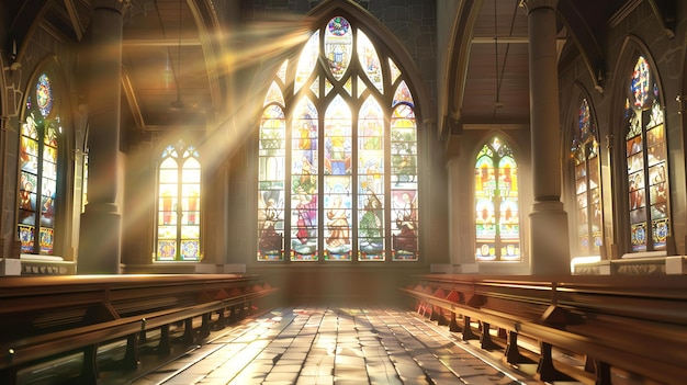 Das Bild zeigt das Innere einer Kirche. Das Licht aus den Buntglasfenstern scheint durch und erzeugt eine schöne und friedliche Szene.