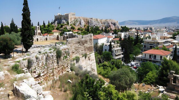 Das Bild zeigt die Ruinen eines antiken griechischen Theaters mit der Akropolis von Athen im Hintergrund