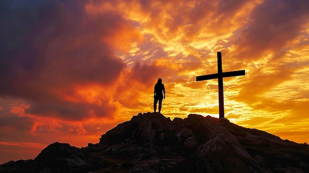 Das Bild zeigt die Silhouette eines großen Kreuzes, das auf einem felsigen Hügel errichtet ist