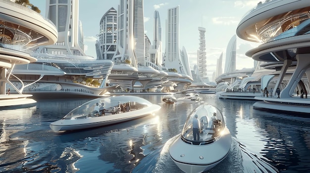 Das Bild zeigt die Stadt der Zukunft. Die Stadt ist auf dem Wasser gebaut und es gibt viele futuristische Gebäude.