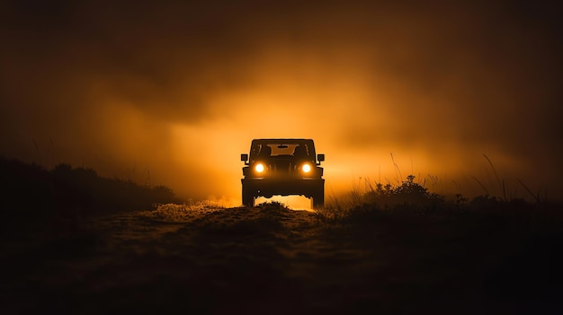 Das Bild zeigt ein einsames Auto, das nachts auf einer Straße fährt. Das Auto ist von einem dichten Nebel umgeben und das einzige Licht kommt von den Scheinwerfern des Autos.
