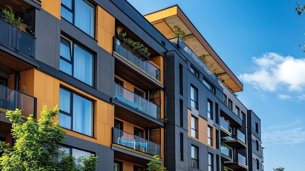 Foto das bild zeigt ein modernes wohnhaus mit einer schwarz-gelben fassade. das gebäude hat sechs stockwerke und jede etage hat zwei wohnungen.