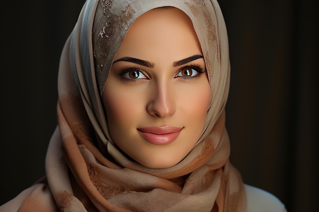 Das Bild zeigt ein Nahaufnahmeporträt einer lächelnden muslimischen Frau, die einen Hijab trägt. Ihr Gesicht ist der Schwerpunkt, der Wärme und Glück ausstrahlt. Der Hijab, den sie trägt, ist wunderschön gestaltet und ergänzt h