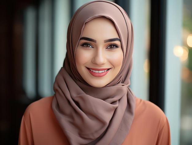 Das Bild zeigt ein Nahaufnahmeporträt einer lächelnden muslimischen Frau, die einen Hijab trägt. Ihr Gesicht ist der Schwerpunkt, der Wärme und Glück ausstrahlt. Der Hijab, den sie trägt, ist wunderschön gestaltet und ergänzt h