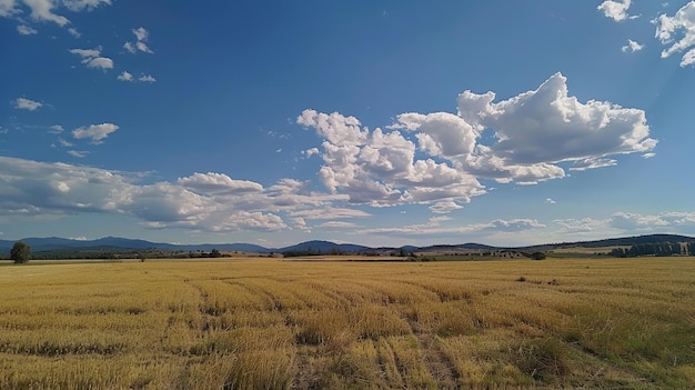Das Bild zeigt eine Farmlandschaft mit einem bewölkten blauen Himmel