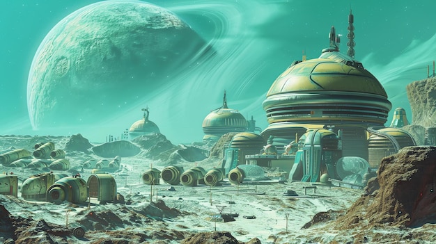 Das Bild zeigt eine futuristische Kolonie auf einem fernen Planeten