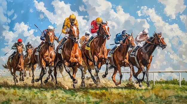 Foto das bild zeigt eine gruppe von jockeys, die pferde in einem rennen reiten. die pferde laufen schnell und sind alle zusammengebunden.
