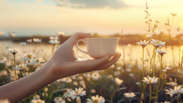 Das Bild zeigt eine Hand, die eine Tasse Tee in einem Feld von Gänseblümchen hält. Die Sonne geht im Hintergrund unter. Das Bild ist friedlich und entspannend.