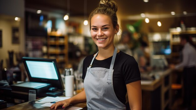 Foto das bild zeigt eine junge frau mit zurückgebundenen haaren