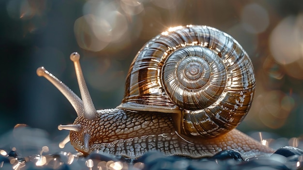 Foto das bild zeigt eine schnecke mit einer glänzenden muschel