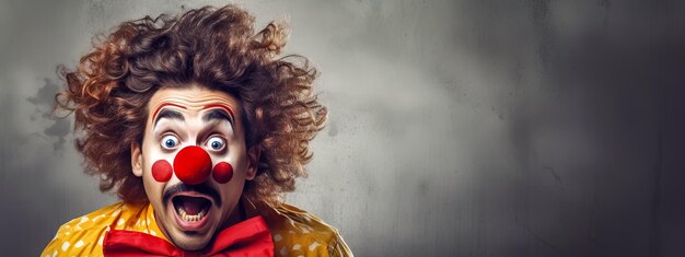 Das Bild zeigt einen Clown mit einem übertrieben überraschten Ausdruck, lockigem Haar, einer roten Nase und