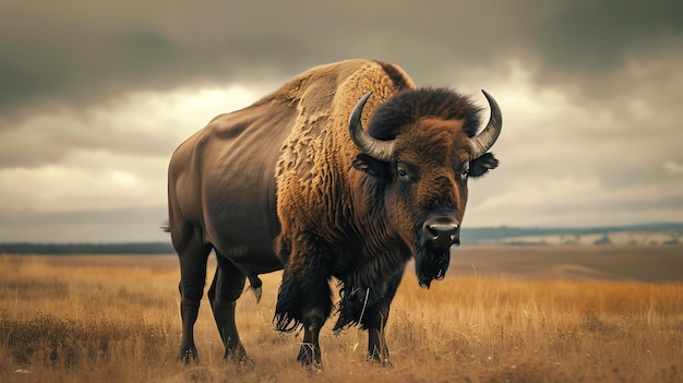 Das Bild zeigt einen großen, majestätischen Bison, der auf einem grasbewachsenen Feld steht. Der Bison blickt dem Betrachter mit einem entschlossenen Ausdruck in den Augen zu.